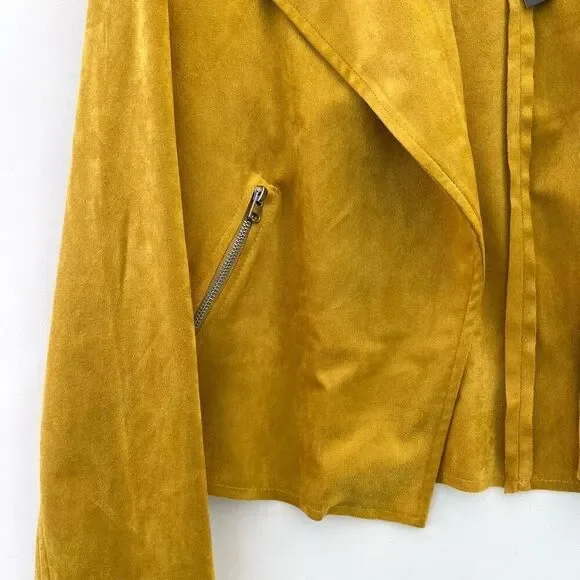 Faux Suade Chapter One Womens Mustard Notch Lapel Moto Jacket Size Small NWT - Picture 4 of 7